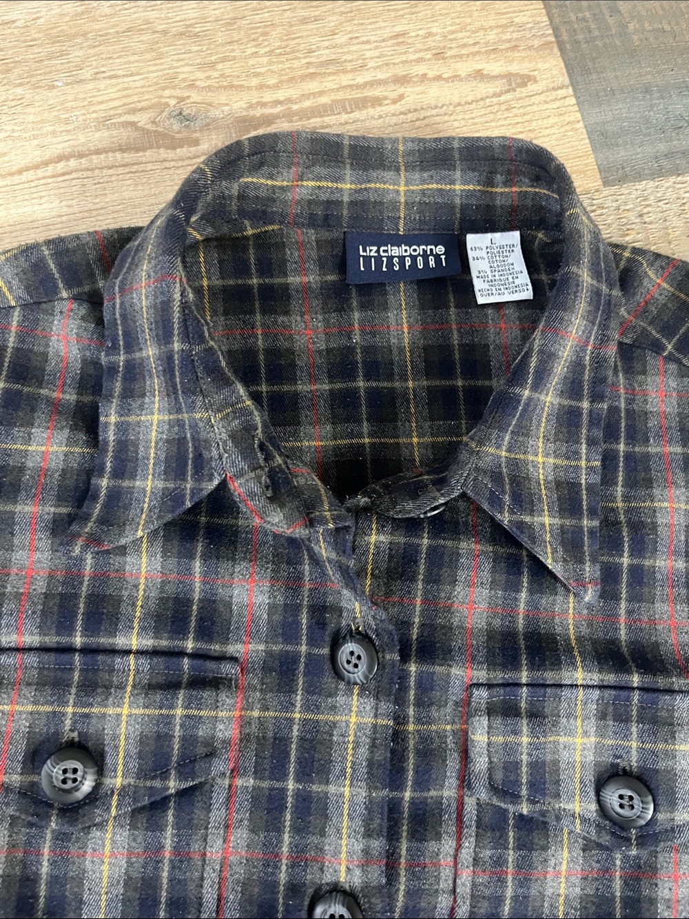 Liz Claiborne Plaid Button-Down Shirt - Navy, Brown Sz L Casual Cotton TC0465 - Picture 8 of 10
